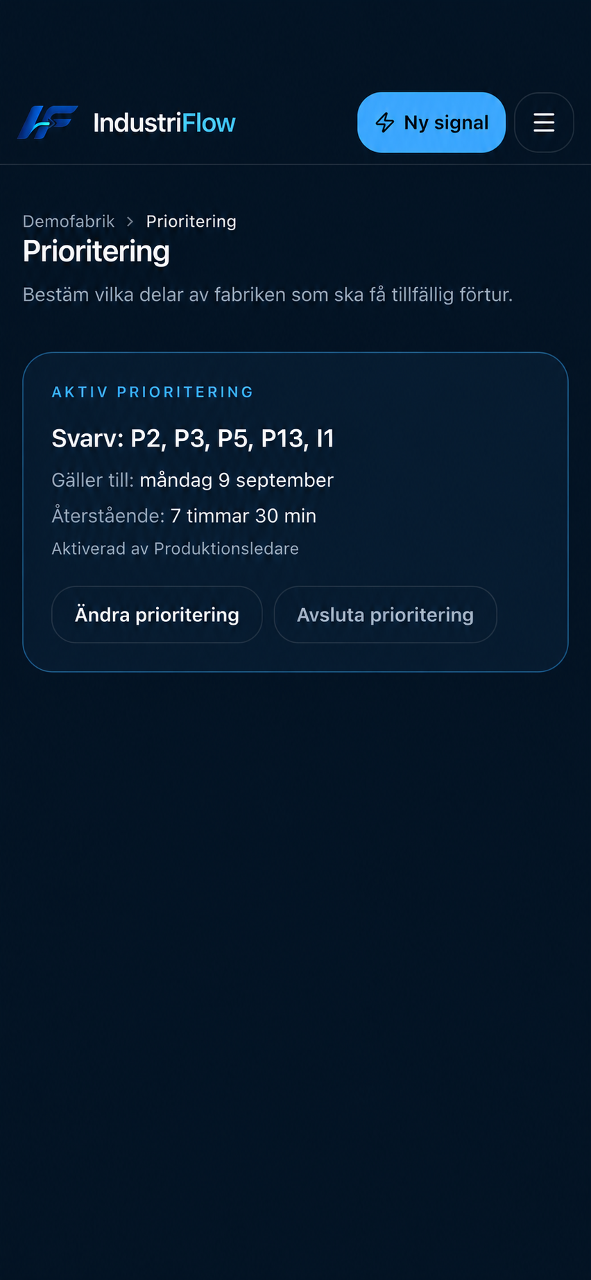 Tillfällig prioritering av utvalda delar av produktionen